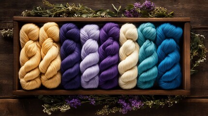 A skein of hand-dyed yarn, made from blending different heritage fibers, is captured in a detailed product photograph, emphasizing its bold colors and unique texture, arranged beautifully on a rustic