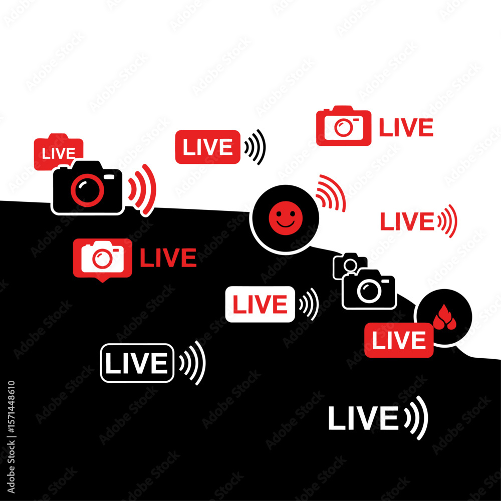 Poster live streaming icons with cameras and text on a split background