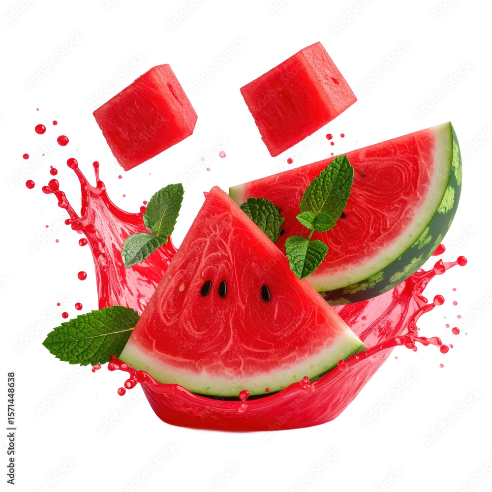 Poster watermelon slices splash of juice with mint leaves and flying cubes on transparent background isolat
