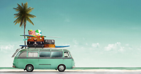Retro Road Trip Adventure in a Classic Van by the Beachside road