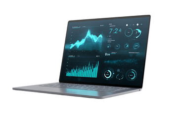 Laptop screen displaying financial data charts.