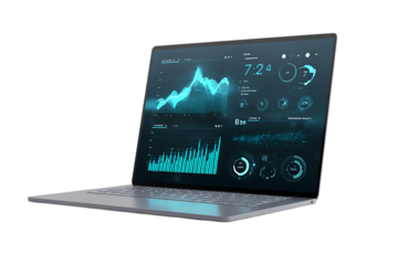 Laptop screen displaying financial data charts.