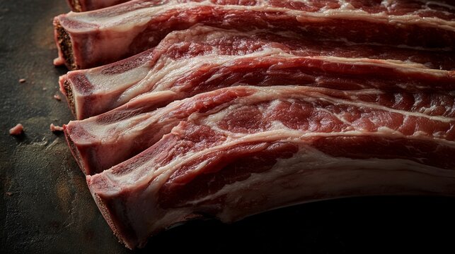 The natural beauty and texture of a raw specialty pork cut are emphasized in a fine art photograph, which uses soft natural light to capture the intricate details of its marbling and rich color - Powered by Adobe
