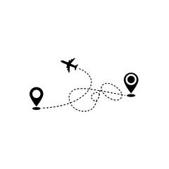 An airplane flies a dotted route between two location pins on white