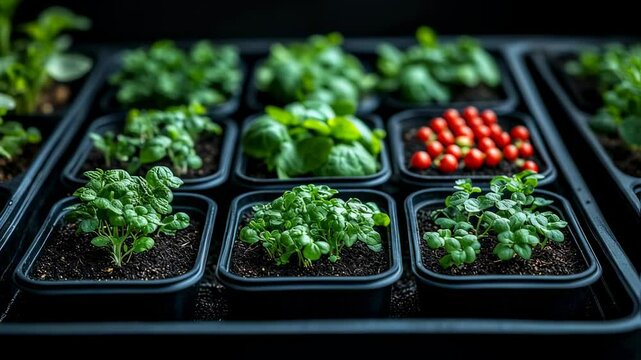 Seedling trays filled with various herbs and small red berry plants, close up view