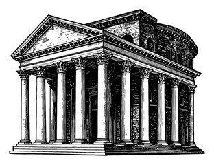 Ancient Roman Pantheon Temple Side View Cartoon Style Black and White Outline Line Art Drawing