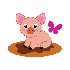 Cute piglet sitting in mud puddle with butterfly illustration