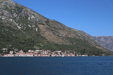 view of the city of Perast, Montenegro. Full horizontal panorama of the city from the sea