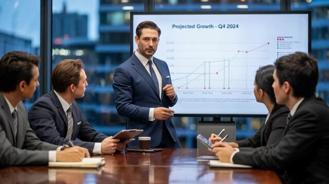 A business meeting shows projected growth with executive presentation for Q4 financial results.