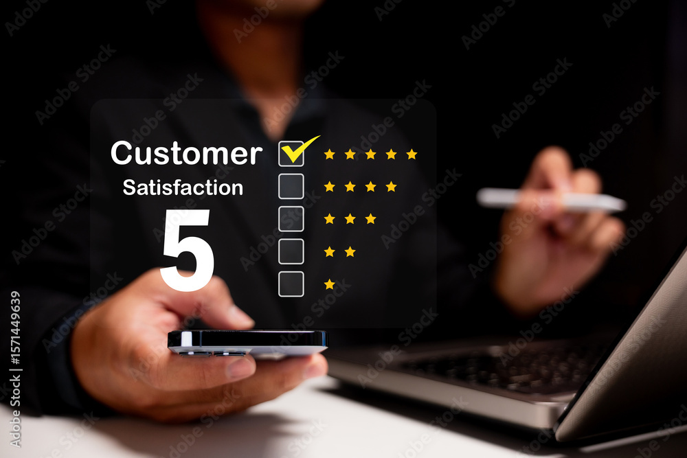 Poster a person rates customer satisfaction with a 5-star high score on a transparent digital interface, us