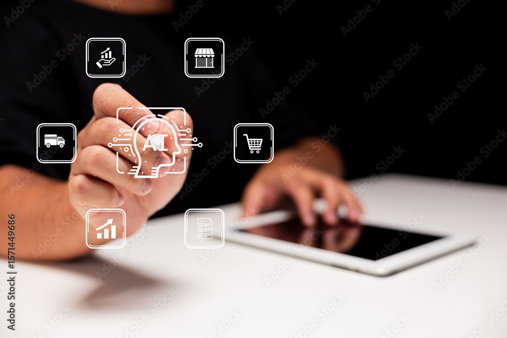 Poster a person uses a tablet and interacts with floating ai and e-commerce icons, symbolizing digital tech