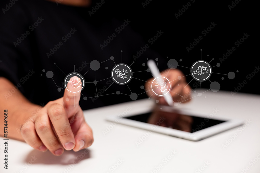 Poster a person interacts with a futuristic digital interface, using a stylus and finger to engage with tec