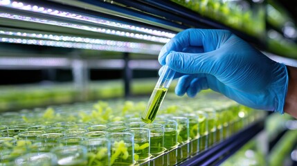 Algae play a key role in sustainable biofuel production. A gloved hand holds a test tube with a plant sample in a laboratory setting focused on plant research and biotechnology.