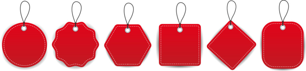 Realistic red price tag collection. Special offer or discount label. Blank sale promotion badge. Vector illustration.