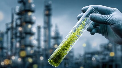 Algae play a key role in sustainable biofuel production. A gloved hand holds a test tube with green plants, symbolizing biotech research against an industrial backdrop.
