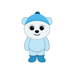 Adorable polar bear cub dressed in a winter hat and boots