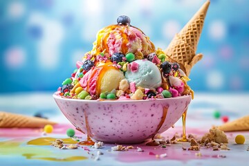Colorful smoothie bowl overflowing with melted ice cream, dripping syrup, and broken cone pieces 