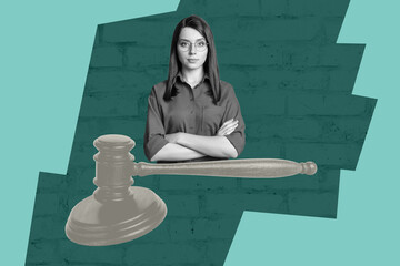 Trend image full photo collage of happy guy woman stand hammer hit decision attorney government...