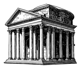 Pantheon Ancient Roman Building Side View Simple Style Black and White Outline Line Art Drawing