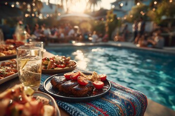 Group of diverse friends relaxing by backyard pool with barbecue food, drinks, and colorful towels under bright summer sunlight.