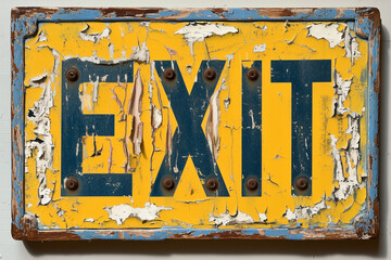 Vintage weathered exit sign with peeling paint and rustic charm