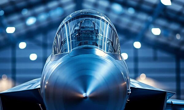 Close up view of a military fighter jet cockpit and nose cone in a hangar with bright lights
