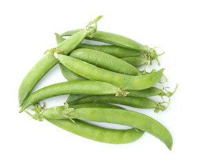 Pile of fresh green pea pods isolated on white, top view