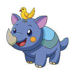 Joyful rhino and bird companionship in a whimsical nature scene