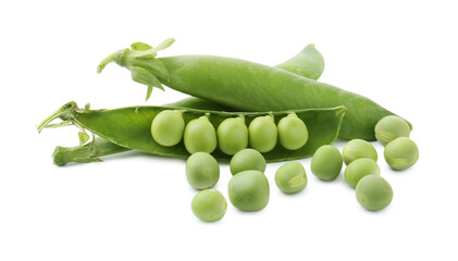 Fresh green peas in pods isolated on white