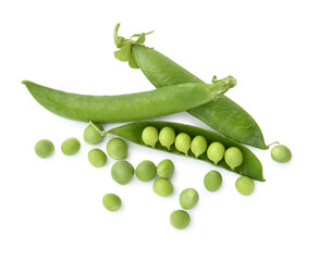 Fresh green peas in pods isolated on white, top view
