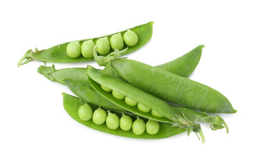Fresh green peas in pods isolated on white, top view
