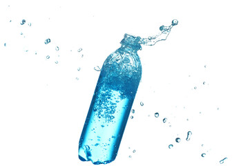 Plastic bottle with splashing water in air on white background