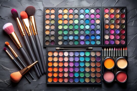 An array of colorful eyeshadow palettes and makeup brushes are arranged on a dark surface