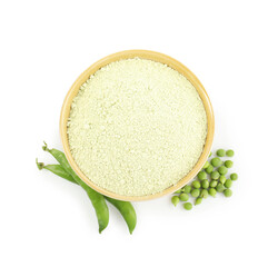Protein powder in bowl and green peas isolated on white, top view