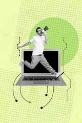 Pop 3d zine vertical collage of happy businesswoman businessman stand laptop device graph...
