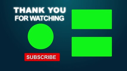 Animated end screen for YouTube or social media. Features customizable green screen areas and a Subscribe button. Clean, modern design. Motion graphics of subscribe text animation. 4k video animation.