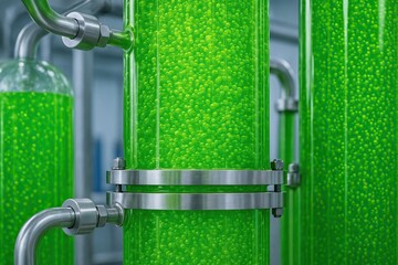 Algae play a key role in sustainable biofuel production. Close-up of green liquid with bubbles flowing through transparent industrial pipes and metal connectors in a controlled environment.