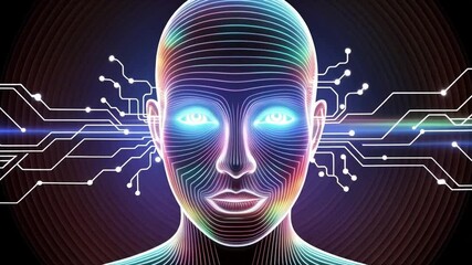 AI innovation displays humanlike digital face with glowing network connections - Powered by Adobe