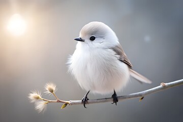 A fluffy longtailed tit perches on a branch in the soft sunlight
