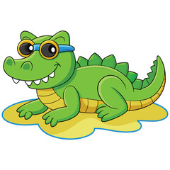 Smiling crocodile wearing sunglasses relaxing near water