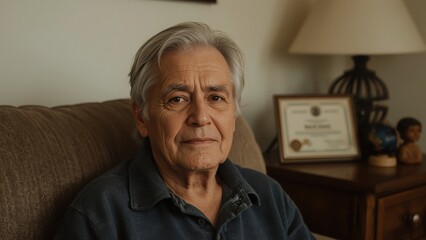 Portrait of a senior man with gray hair sitting on a couch in a living room setting at home relaxing