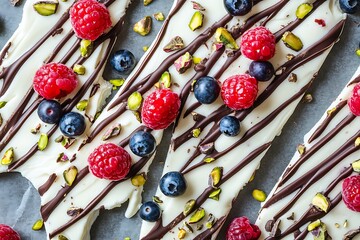 Cracked frozen yogurt bark with raspberries, blueberries, pistachios, and chocolate drizzle, flat lay 