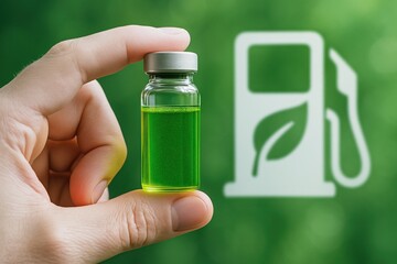 Algae play a key role in sustainable biofuel production. A hand holds a small vial of green liquid, symbolizing eco-friendly biofuel against a green background with a fuel pump icon featuring a leaf.