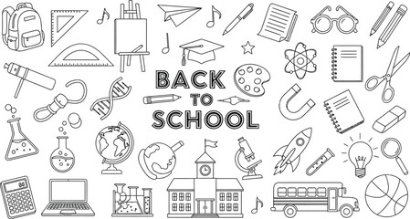 Black and white back to school outline drawings of school supplies and items