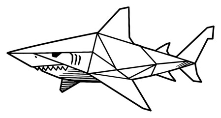 Simple Geometric Paper Origami Shark Black and White Outline Line Art Drawing Vector Animal Illustration