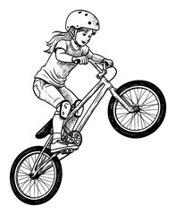 Fototapeta premium Little Girl Doing Bicycle Trick with BMX Bike Wearing Helmet and Pads Black and White Outline Line Art Drawing