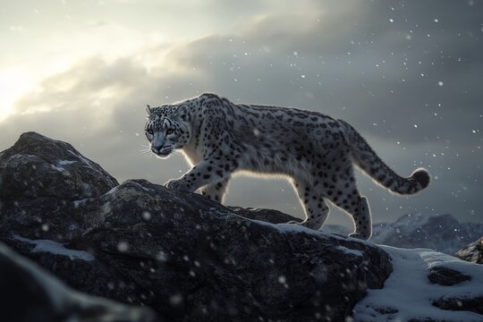 snow leopard gracefully walking