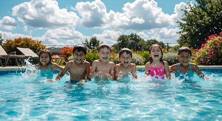 Group of happy children splashing and playing in a swimming pool on a sunny summer day