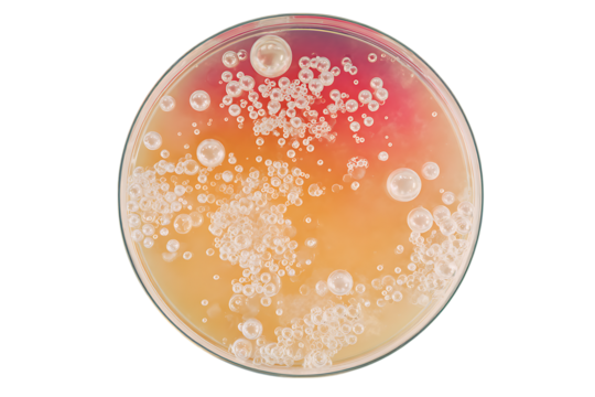 Close up of bacteria colonies growing on agar in a petri dish.