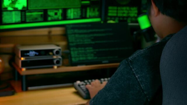 Cinematic slow motion footage of hacker typing on keyboard in a dark room. Green code on triple monitors, mysterious lighting. Perfect for cybersecurity, tech crime, or digital threat themes.